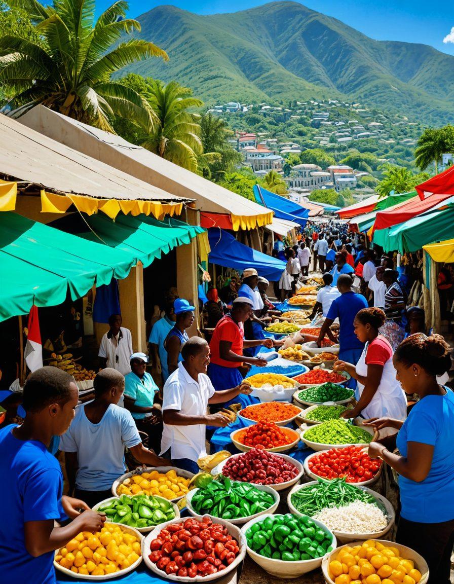 A vibrant outdoor market scene in Haiti, showcasing colorful traditional dishes like griot and pikliz being served. Surrounding the food, local artisans sell handmade crafts, with smiling faces and lively interactions. In the background, the bright blue Caribbean Sea glistens under the sun, and lush green mountains rise. Incorporate elements of Haitian flags and cultural symbols to enhance the cultural aspect. vivid colors. painting.