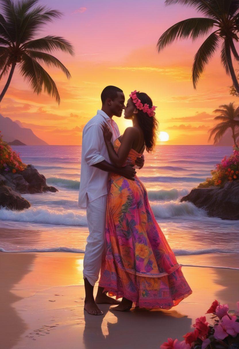 A vibrant sunset over a picturesque Haitian beach, adorned with colorful flowers symbolizing romance. Couples dancing joyfully, showcasing traditional Haitian attire rich in detail and color, surrounded by tropical plants. The ocean reflects the sun's warm glow, capturing the essence of passion and affection in Caribbean culture. super-realistic. vibrant colors. picturesque background.