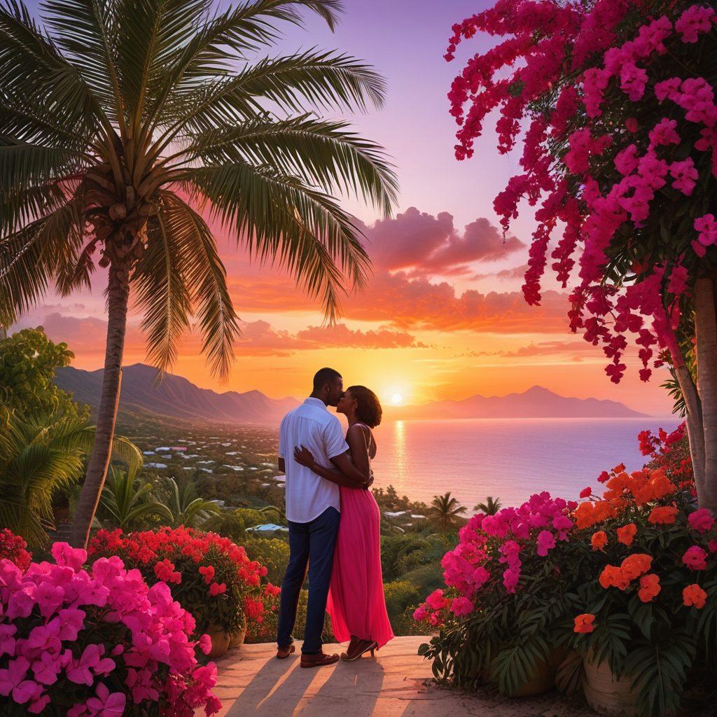 A romantic sunset over a picturesque Haitian landscape, featuring a couple embracing under a palm tree, with vibrant bougainvillea flowers surrounding them. The sky is painted in hues of orange and pink, reflecting the warmth of affection in Caribbean relationships. Include subtle hints of local culture, like traditional Haitian art in the background. super-realistic. vibrant colors.